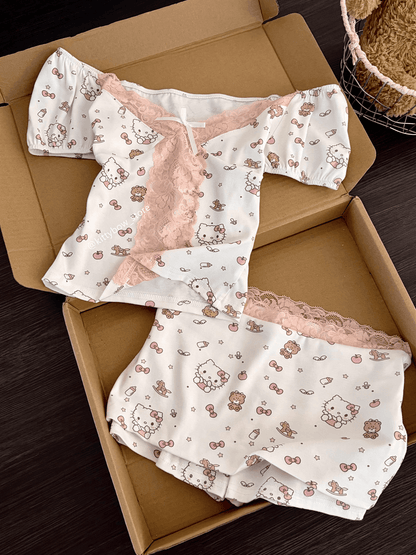 Off-Shoulder Hello Kitty Print Pajama Set with Lace Trim, Cute Loungewear for Women