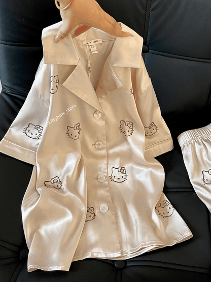 Champagne Satin Hello Kitty Rhinestone Pajama Set, Short Sleeve Loungewear for Women