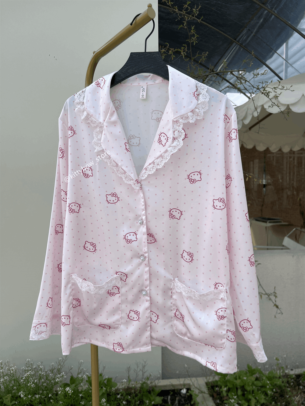 Hello Kitty Lace Trim Satin 4-Piece Pajama Set for Women