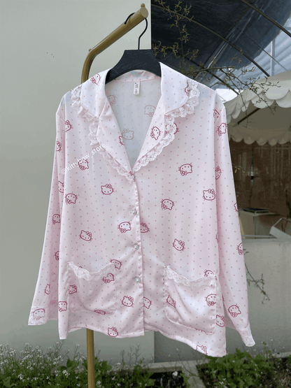 Hello Kitty Lace Trim Satin 4-Piece Pajama Set for Women