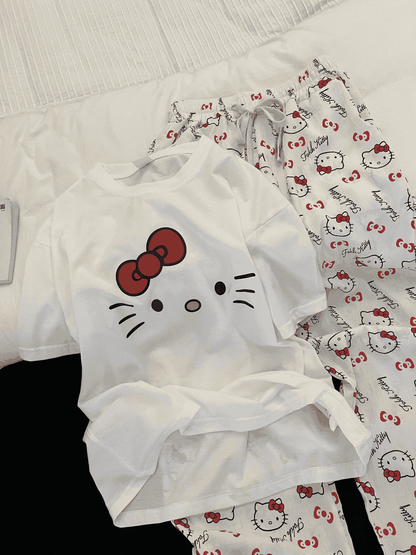 Hello Kitty Print Short Sleeve & Long Pants Pajama Set, Soft Cotton Loungewear