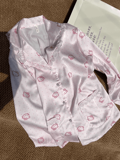 Hello Kitty Lace Trim Satin 4-Piece Pajama Set for Women