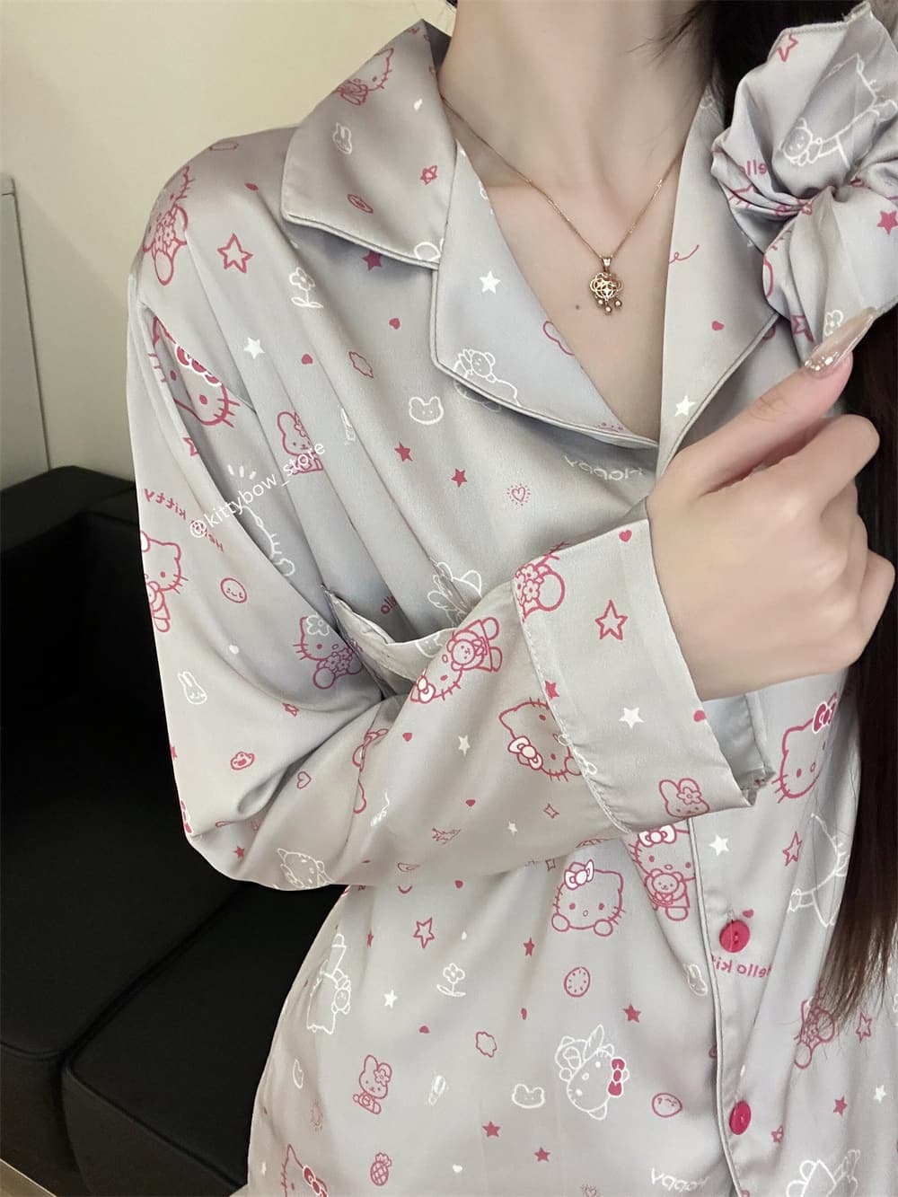 Hello Kitty Print Ice Silk Pajama Set for Women