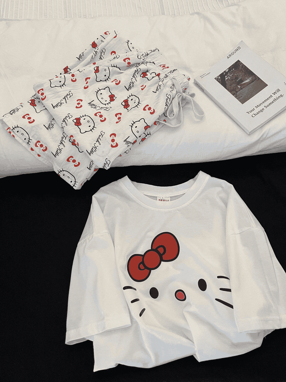 Hello Kitty Print Short Sleeve & Long Pants Pajama Set, Soft Cotton Loungewear