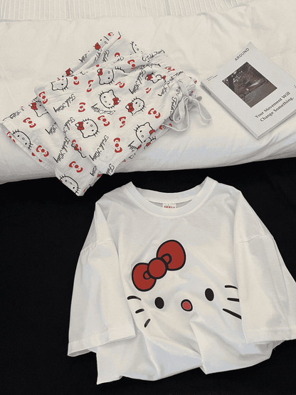 Hello Kitty Print Short Sleeve & Long Pants Pajama Set, Soft Cotton Loungewear