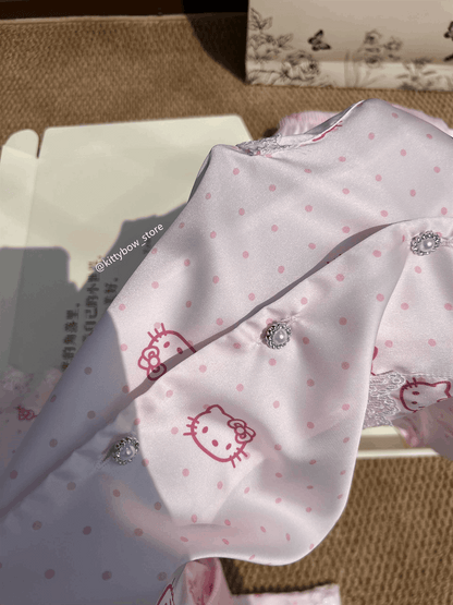 Hello Kitty Lace Trim Satin 4-Piece Pajama Set for Women