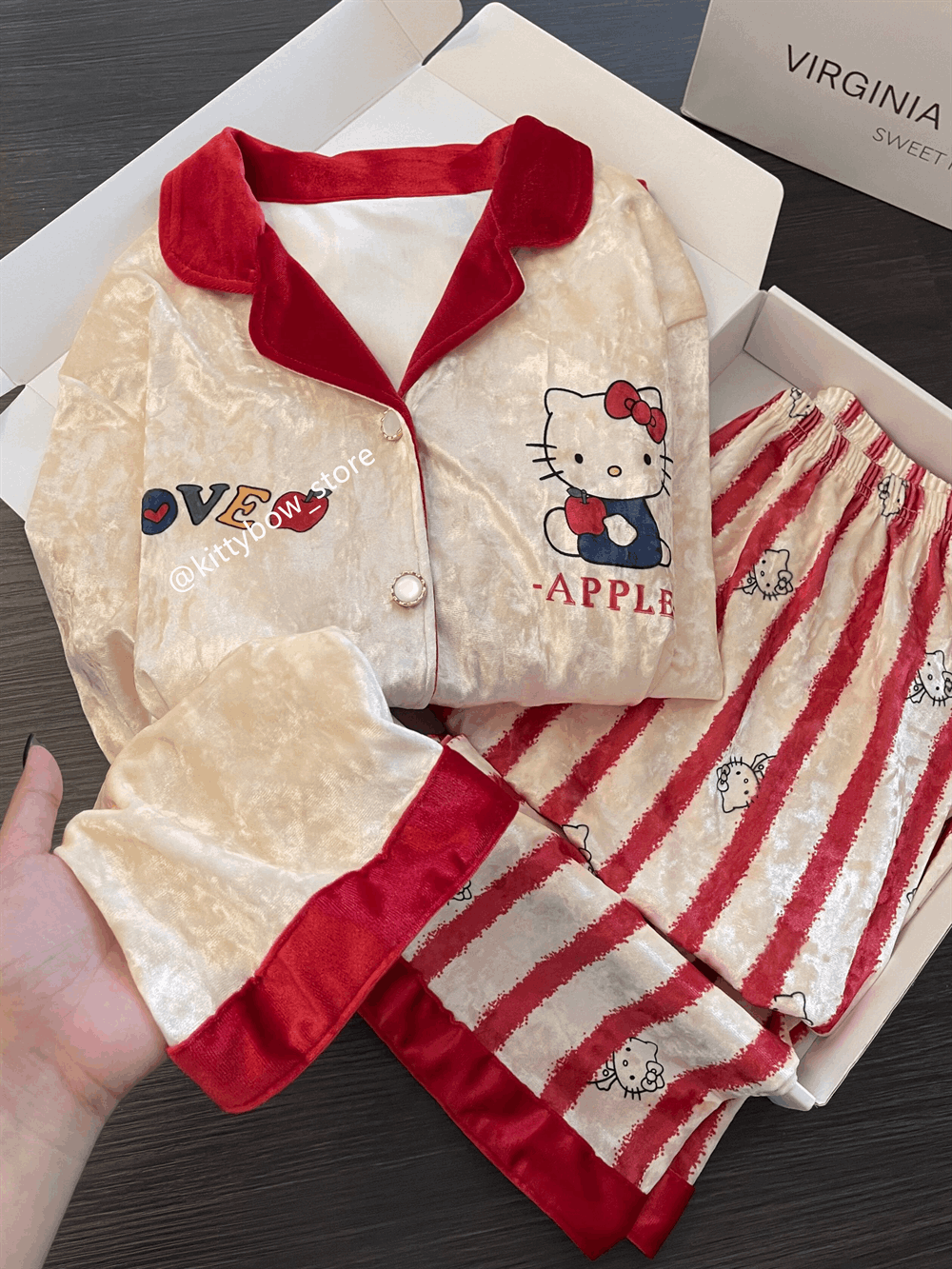 Cream Velvet Hello Kitty Apple Print Pajama Set, Long Sleeve Loungewear for Women