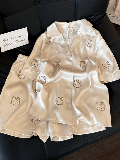 Champagne Satin Hello Kitty Rhinestone Pajama Set, Short Sleeve Loungewear for Women