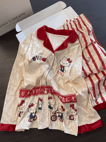 Cream Velvet Hello Kitty Apple Print Pajama Set, Long Sleeve Loungewear for Women