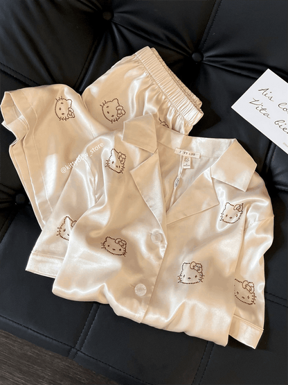 Champagne Satin Hello Kitty Rhinestone Pajama Set, Short Sleeve Loungewear for Women