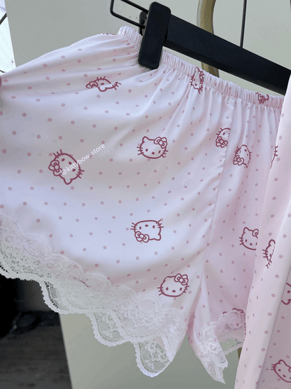 Hello Kitty Lace Trim Satin 4-Piece Pajama Set for Women