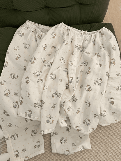 Hello Kitty Print Cotton Gauze Pajama Set (Long Sleeve & Pants)