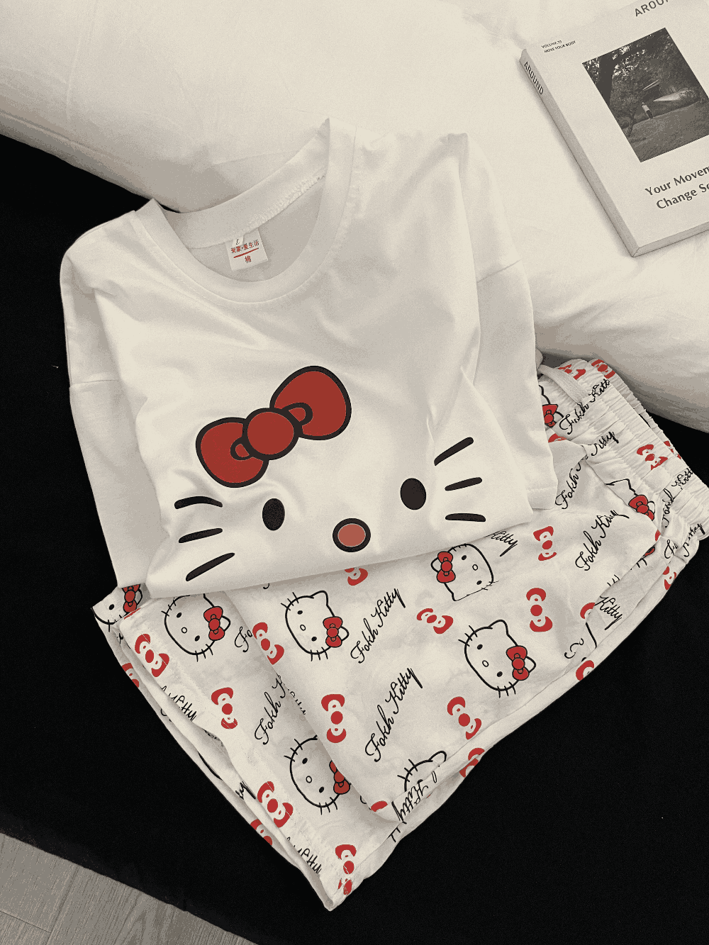 Hello Kitty Print Short Sleeve & Long Pants Pajama Set, Soft Cotton Loungewear