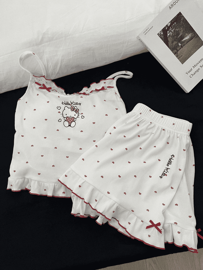 Hello Kitty Heart Print Cami & Shorts Pajama Set with Ruffle Trim