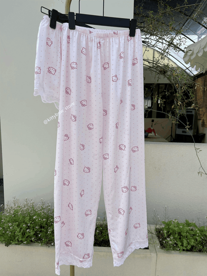 Hello Kitty Lace Trim Satin 4-Piece Pajama Set for Women