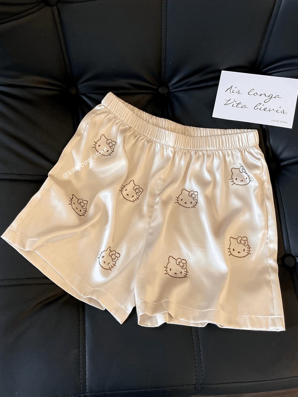 Champagne Satin Hello Kitty Rhinestone Pajama Set, Short Sleeve Loungewear for Women