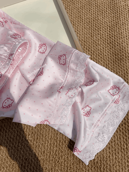 Hello Kitty Lace Trim Satin 4-Piece Pajama Set for Women