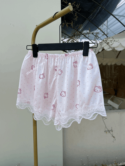 Hello Kitty Lace Trim Satin 4-Piece Pajama Set for Women