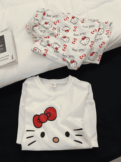 Hello Kitty Print Short Sleeve & Long Pants Pajama Set, Soft Cotton Loungewear