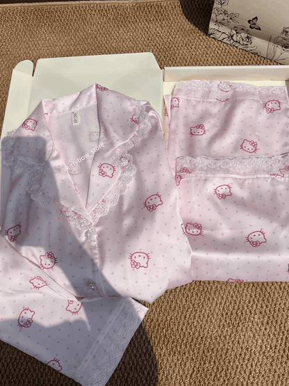 Hello Kitty Lace Trim Satin 4-Piece Pajama Set for Women