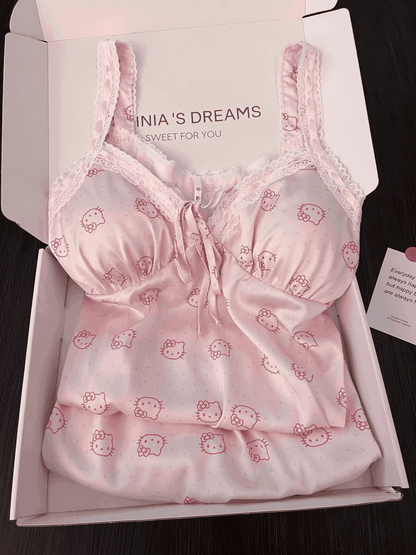 Hellokitty Pink Lace Silk Nightgown for Women Satin Slip Dress Nightdress