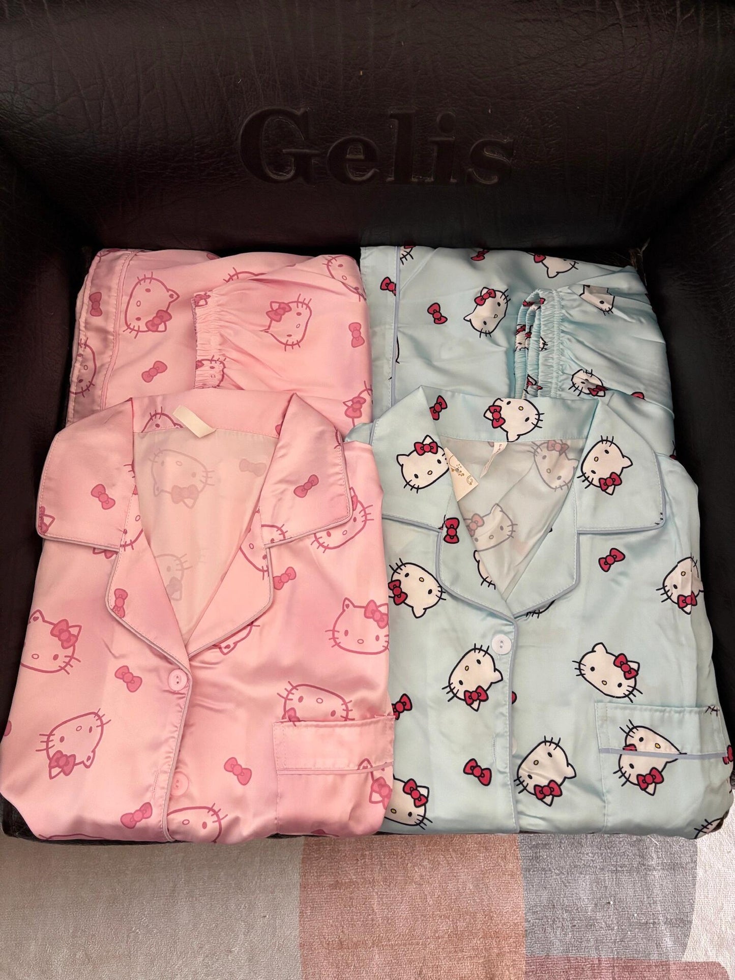 Hello Kitty Premium Satin Pajama Set – Short Sleeve Button-Down Top & Shorts 2-Piece Set (Pink & Blue)