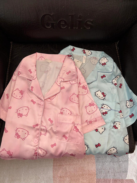 Hello Kitty Premium Satin Pajama Set – Short Sleeve Button-Down Top & Shorts 2-Piece Set (Pink & Blue)