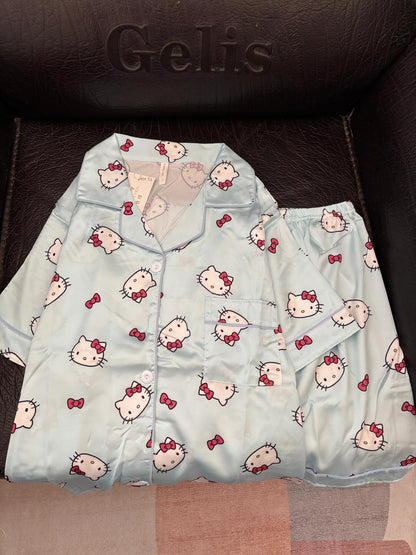 Hello Kitty Premium Satin Pajama Set – Short Sleeve Button-Down Top & Shorts 2-Piece Set (Pink & Blue)