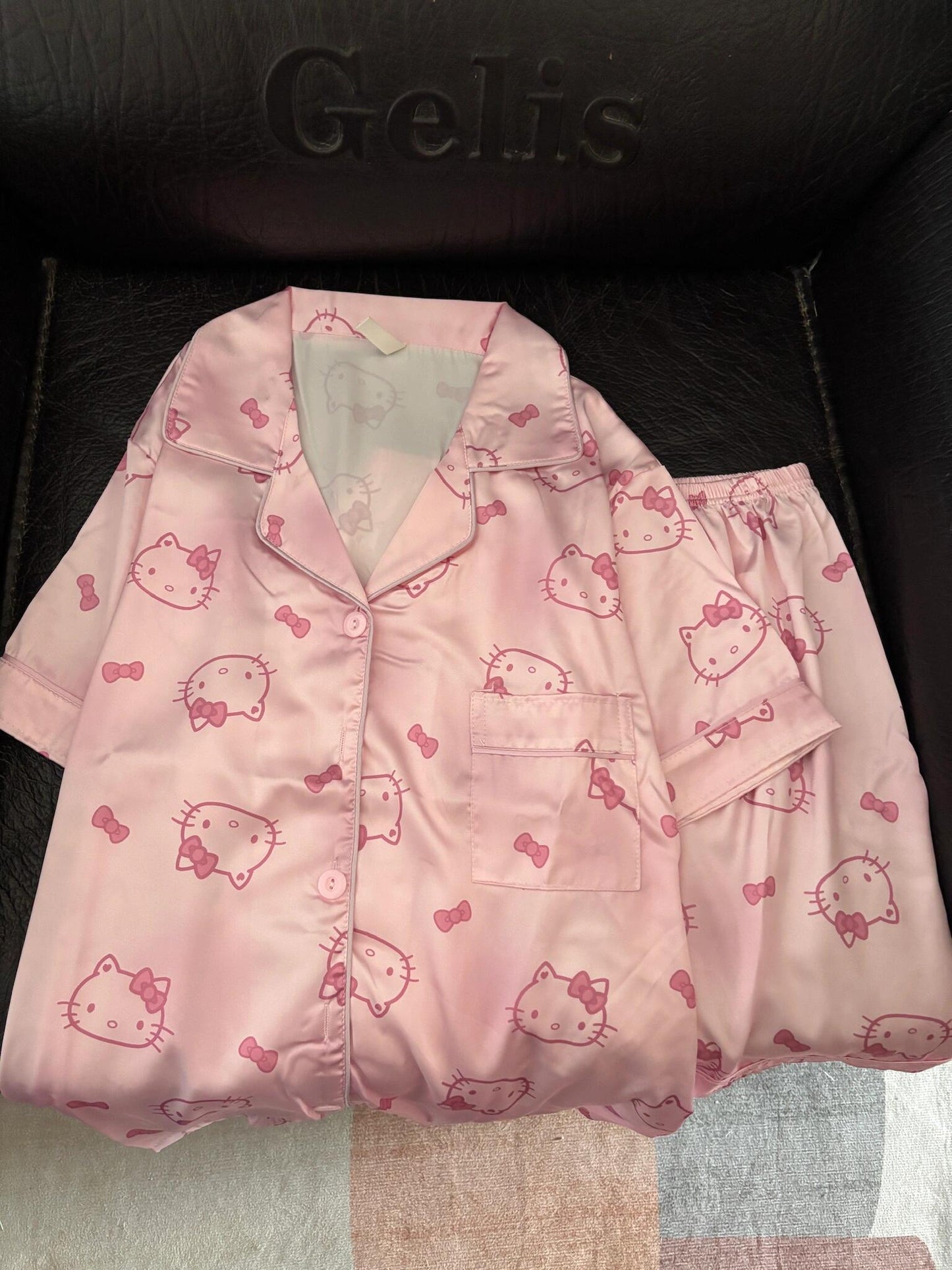 Hello Kitty Premium Satin Pajama Set – Short Sleeve Button-Down Top & Shorts 2-Piece Set (Pink & Blue)