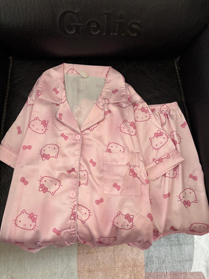 Hello Kitty Premium Satin Pajama Set – Short Sleeve Button-Down Top & Shorts 2-Piece Set (Pink & Blue)