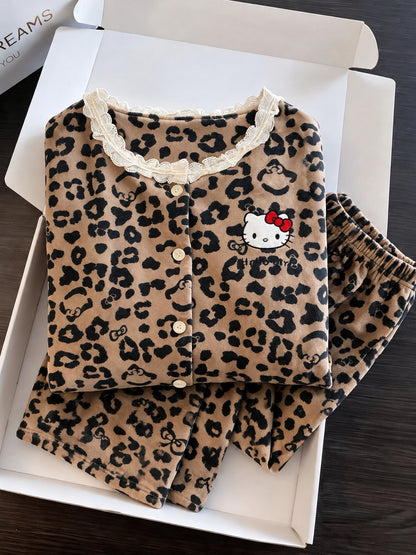 Hello Kitty Leopard Print Lace-Trim Pajama Set