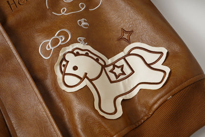 Hello Kitty Brown Embroidered Bomber Jacket-Unisex Coats