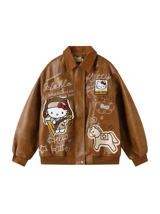 Hello Kitty Brown Embroidered Bomber Jacket-Unisex Coats