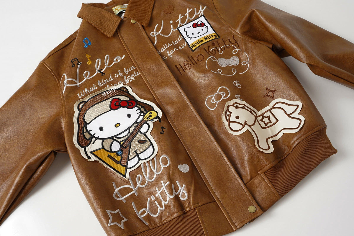 Hello Kitty Brown Embroidered Bomber Jacket-Unisex Coats