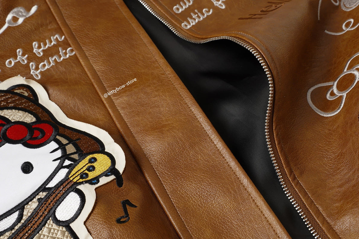 Hello Kitty Brown Embroidered Bomber Jacket-Unisex Coats