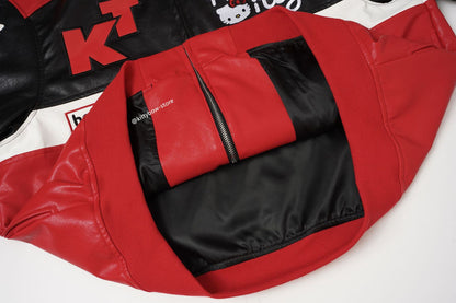 Hello Kitty Red & Black Embroidered Faux Leather Jacket Unisex Coats