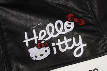 Hello Kitty Red & Black Embroidered Faux Leather Jacket Unisex Coats