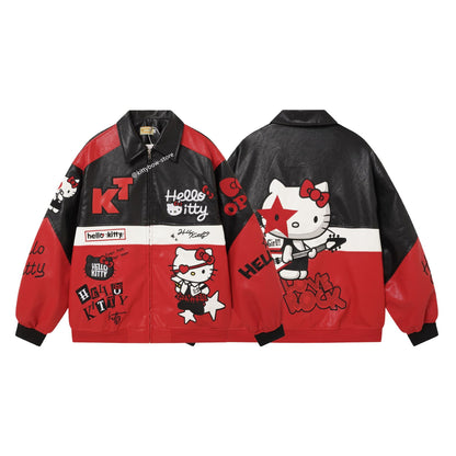 Hello Kitty Red & Black Embroidered Faux Leather Jacket Unisex Coats