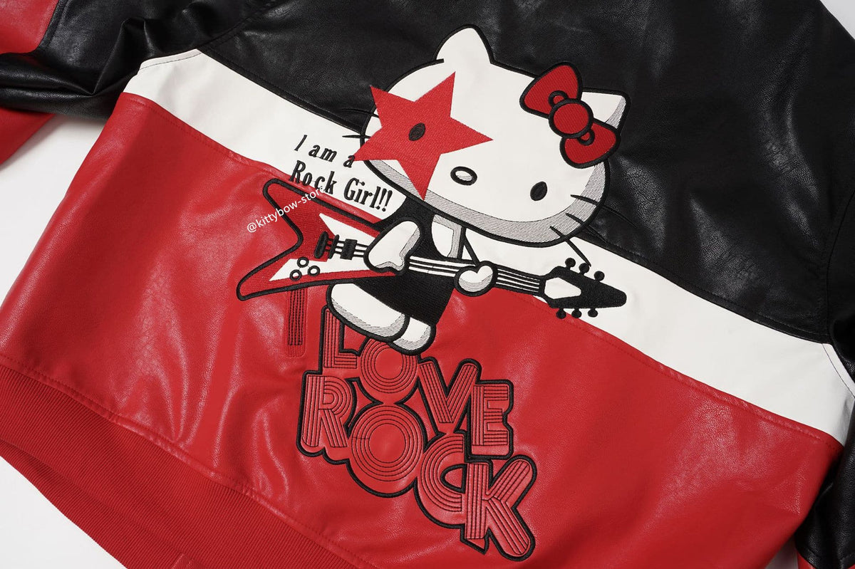 Hello Kitty Red & Black Embroidered Faux Leather Jacket Unisex Coats