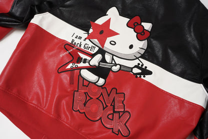 Hello Kitty Red & Black Embroidered Faux Leather Jacket Unisex Coats