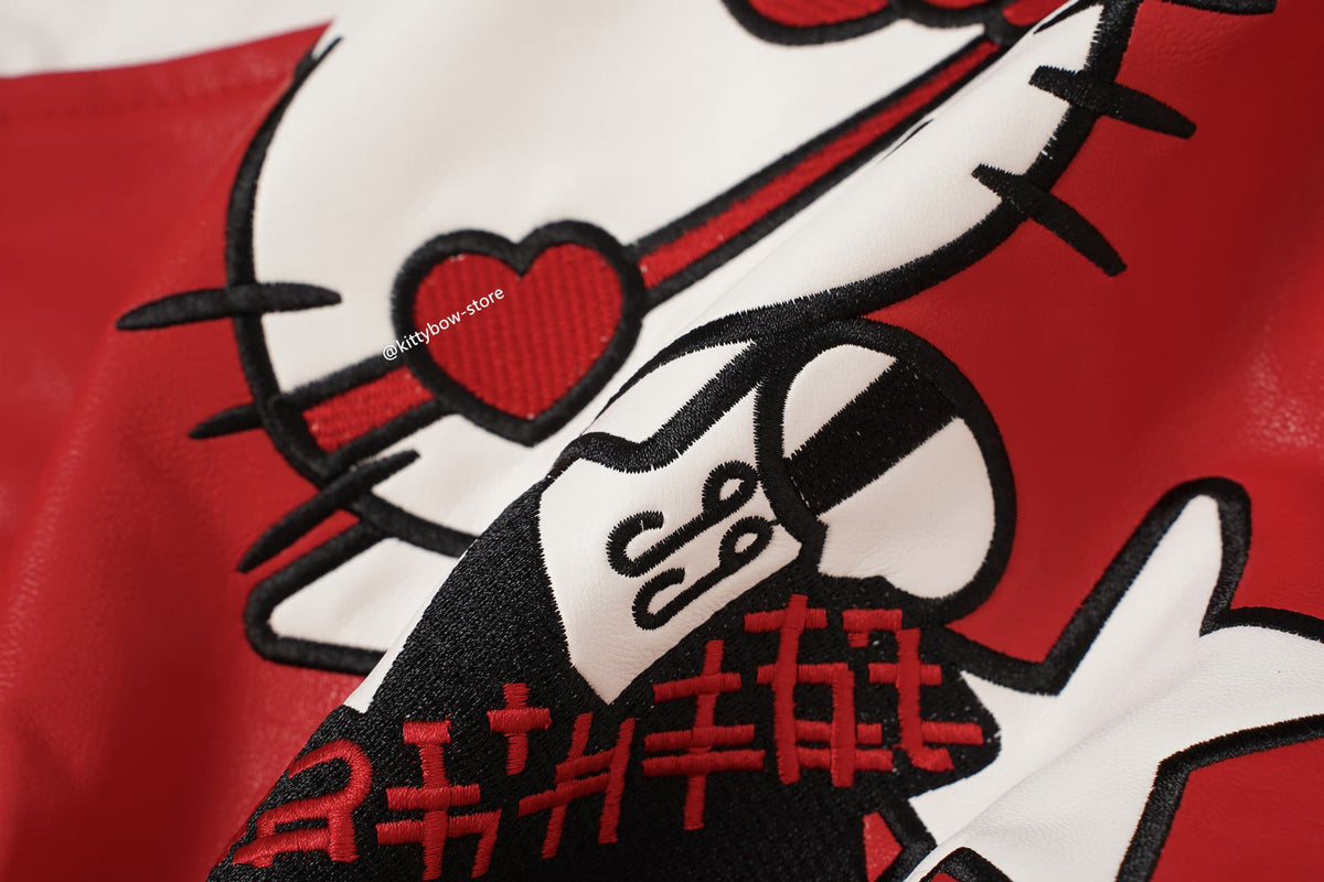 Hello Kitty Red & Black Embroidered Faux Leather Jacket Unisex Coats
