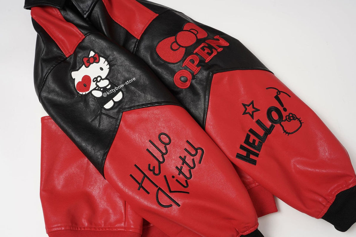 Hello Kitty Red & Black Embroidered Faux Leather Jacket Unisex Coats