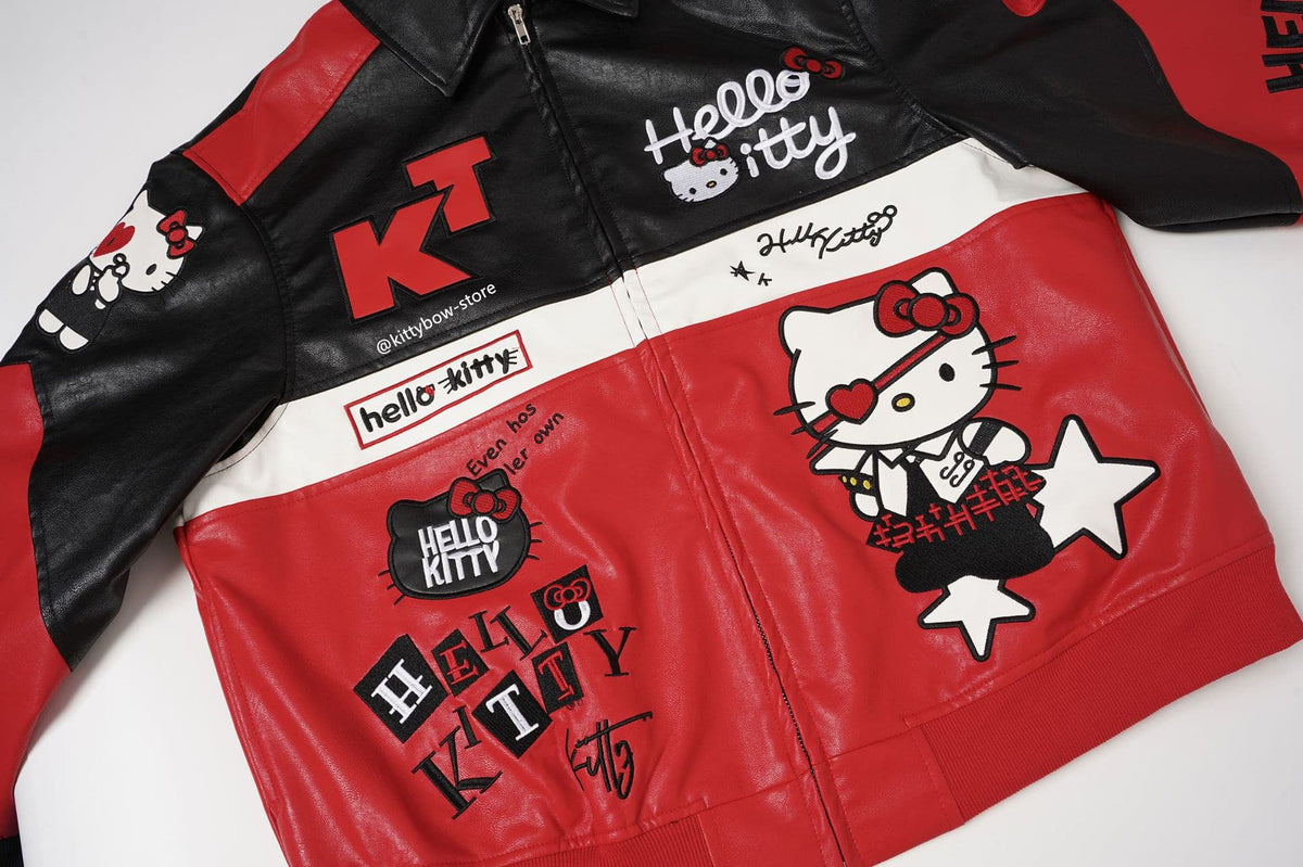 Hello Kitty Red & Black Embroidered Faux Leather Jacket Unisex Coats