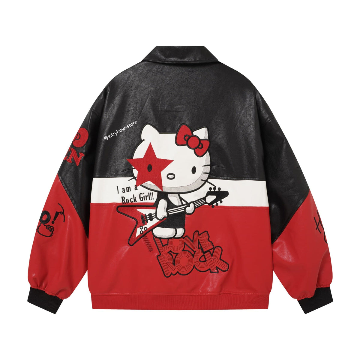 Hello Kitty Red & Black Embroidered Faux Leather Jacket Unisex Coats