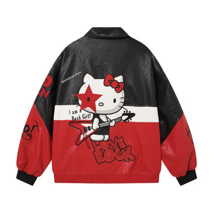 Hello Kitty Red & Black Embroidered Faux Leather Jacket Unisex Coats