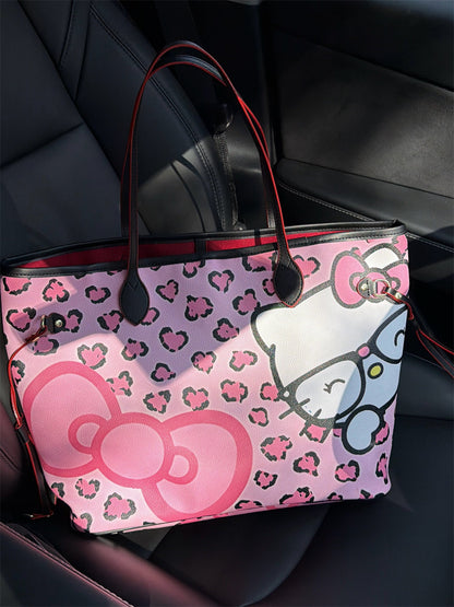 Hellokitty Pink Leopard Print Pu Leather Tote Bag