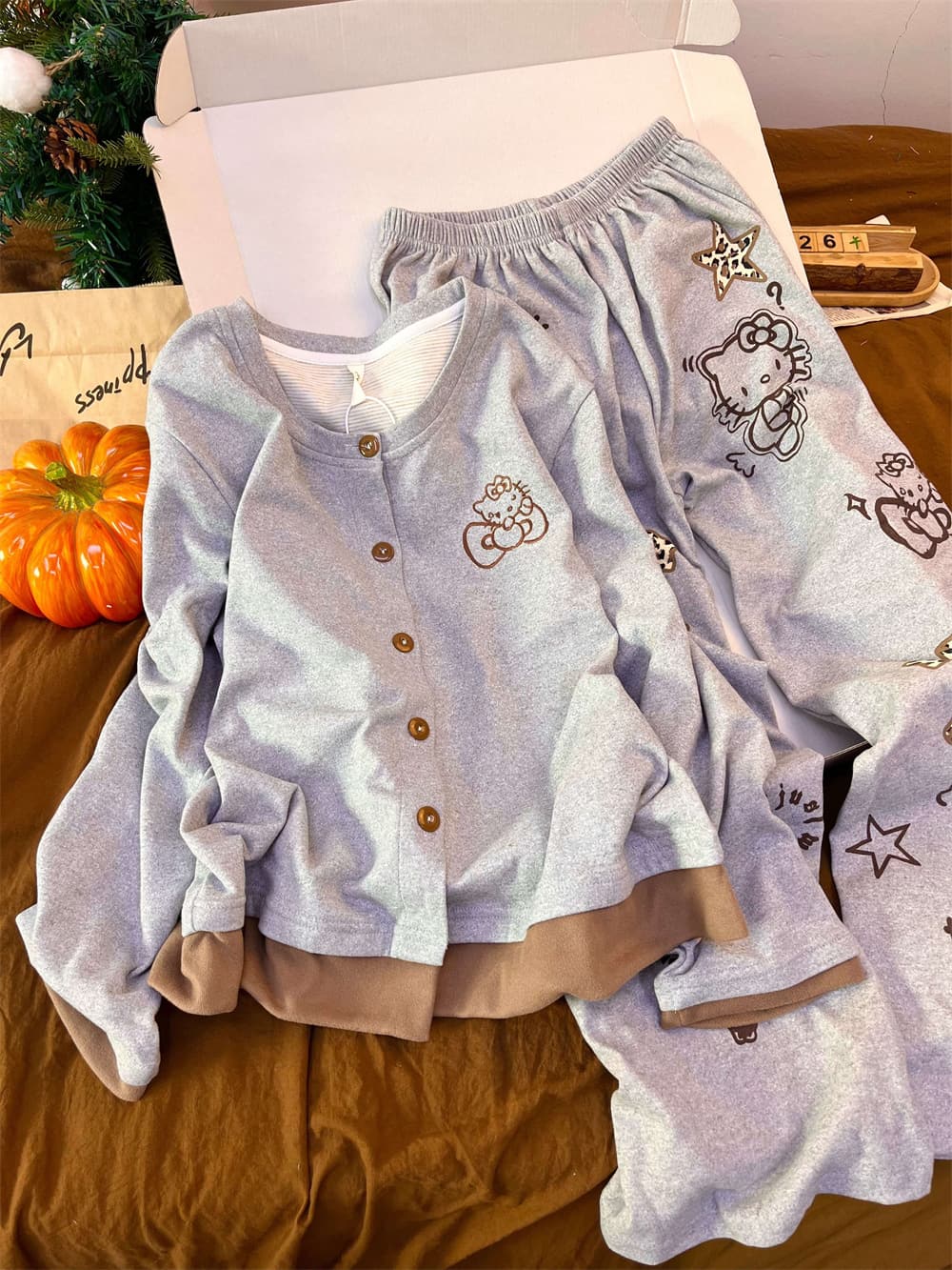 Hello Kitty & Coffee Bear Cotton-Blend Thermal Pajama Set