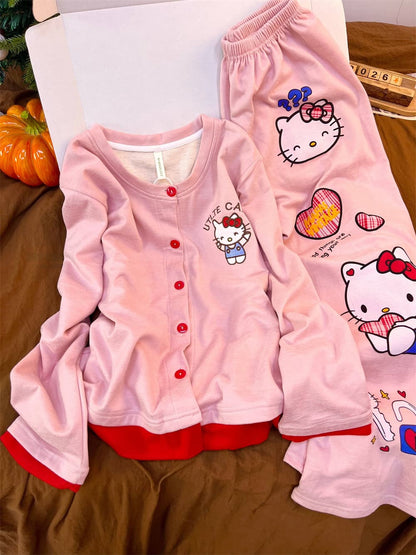 Hello Kitty & Coffee Bear Cotton-Blend Thermal Pajama Set
