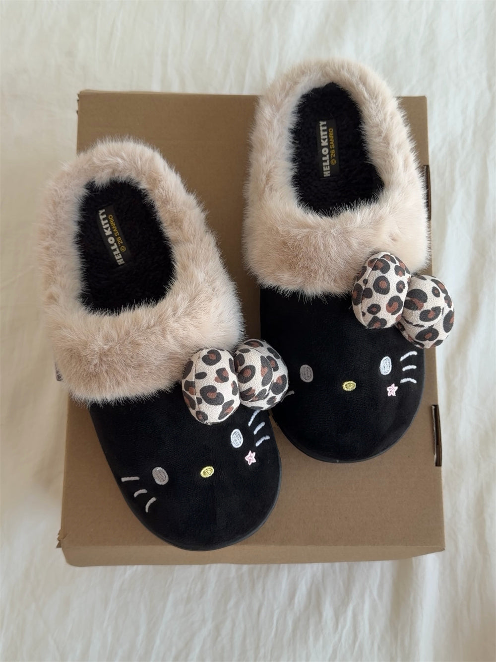 Hello Kitty Leopard Print Bow Fuzzy Slippers