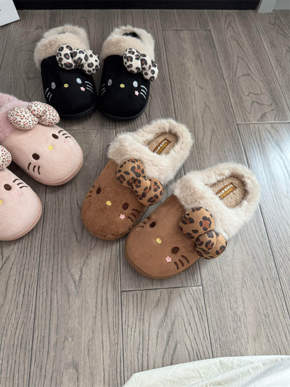 Hello Kitty Leopard Print Bow Fuzzy Slippers